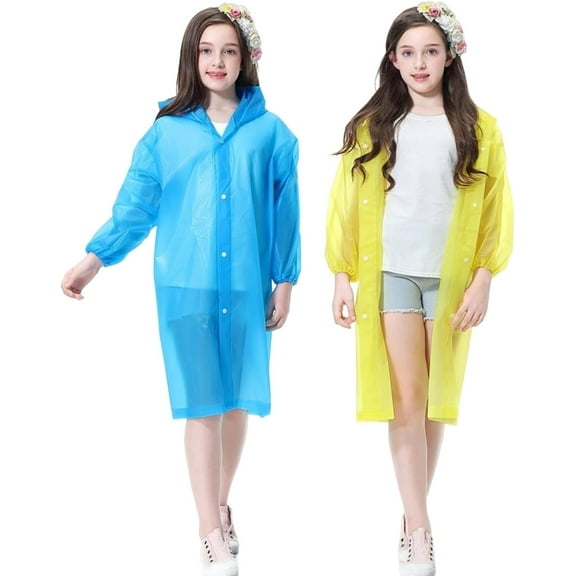 Raincoat Rain Poncho for Kids (2 Pack), Reusable EVA Rain Coats Jackets with Hood for 6-13 Children Boys Girls