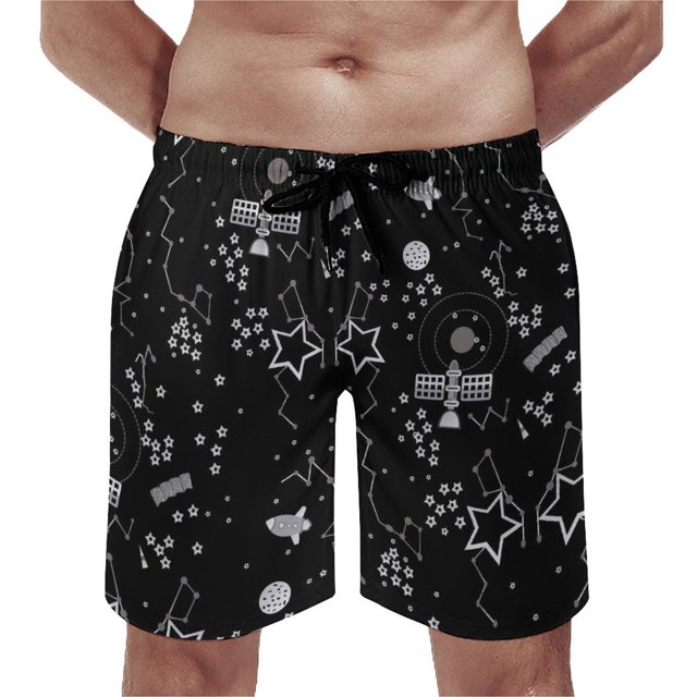 Bright Star Board Shorts Hot Sale Black Silver Shiny Stars Print Design Beach Shorts Men's Drawstring Pattern Swimming Trunks