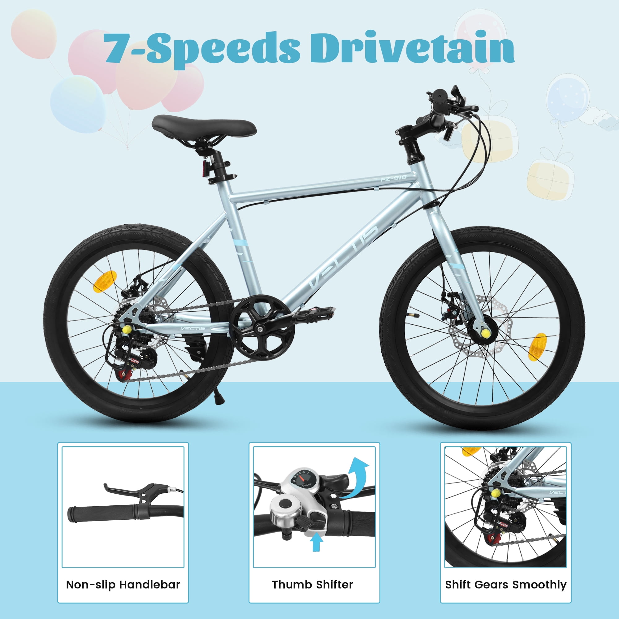 Aukfa 20" Kids Bike for Boys Girls,7-Speed Steel Frame,Dual Disc Brakes,Blue Silver