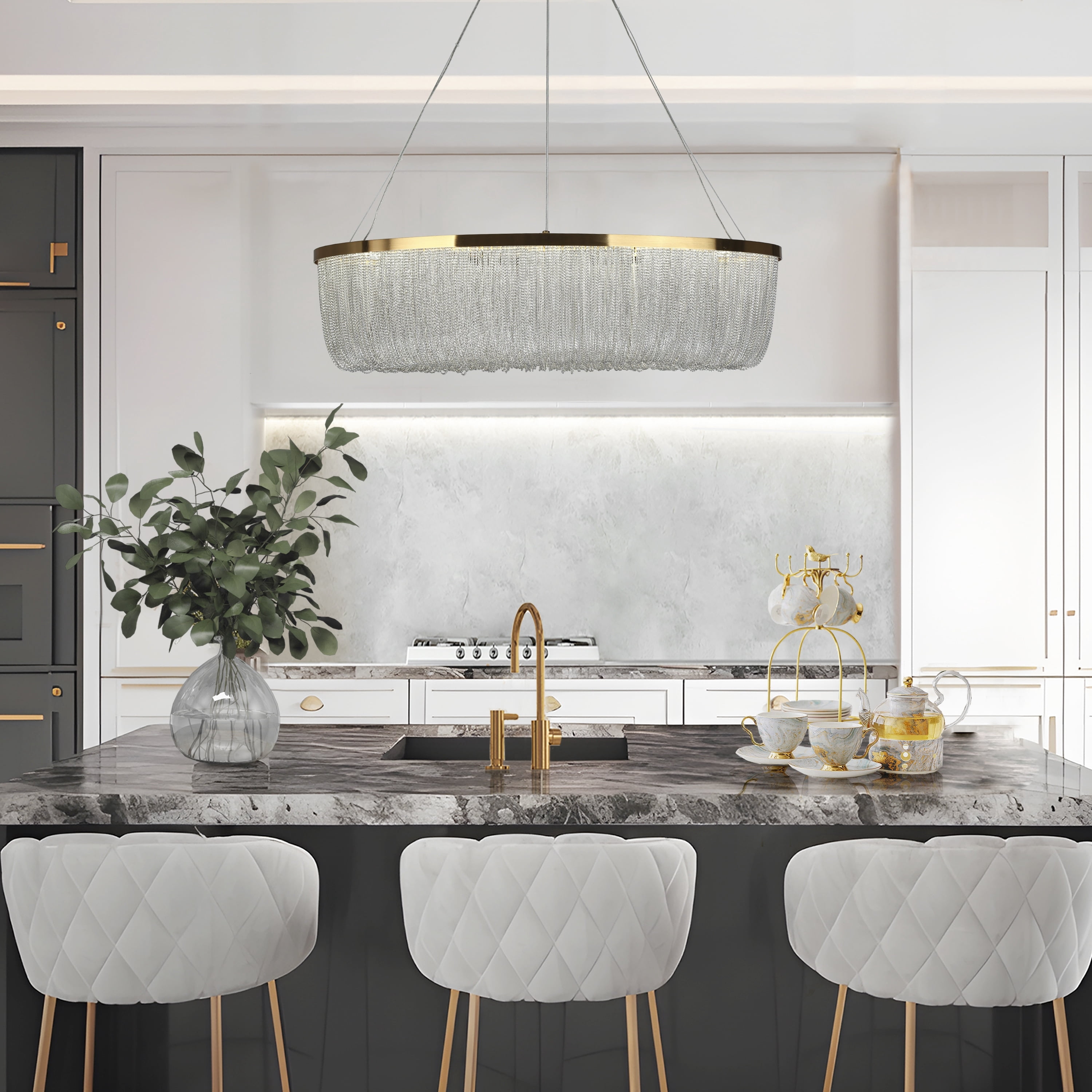 LNC Shoebill 1-Lights 31.5" Luxury and Glam Rectangle Kitchen Island Lights, Gold and Silver Chain