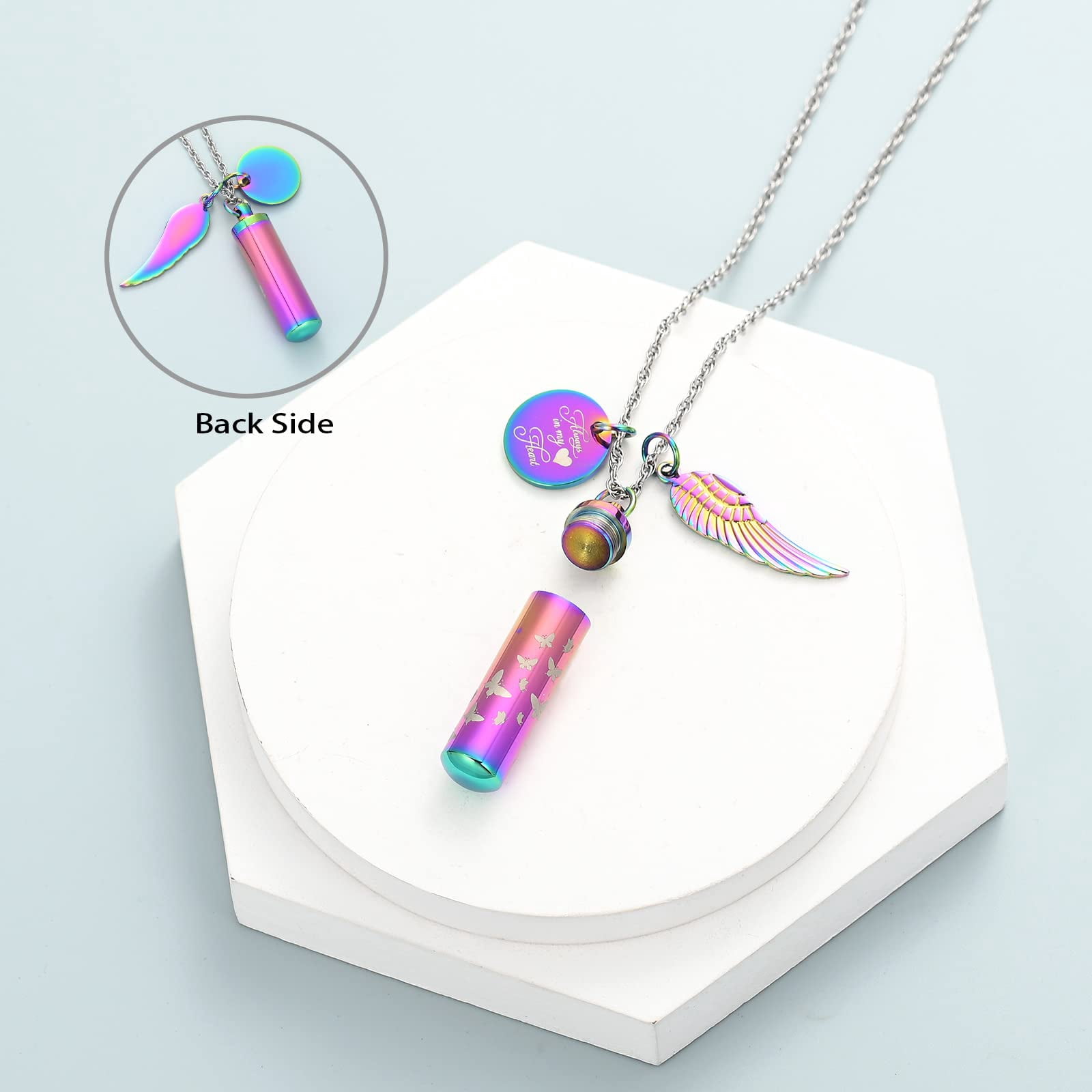 Personalize Cylinder Urn Ashes Necklace for Women Men Butterfly Cremation Jewelry Ash Loved One Memorial Angel Wing Pendant