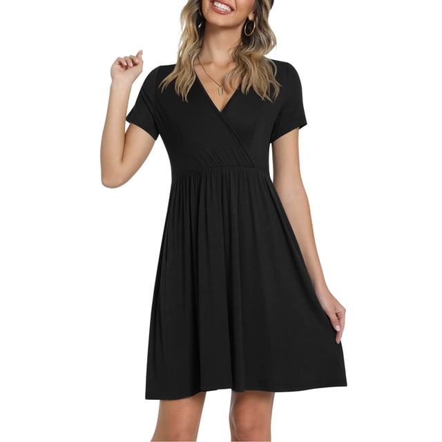 B91xZ Femmes Été Robe Tunique Casual Flutter Manches Courtes Cou Smocked Taille Élastique Étagée Robe Midi, Noir L
