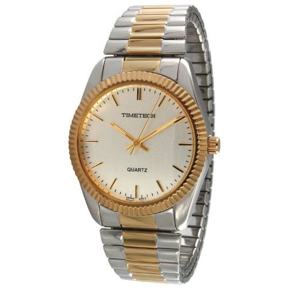 TIMETECH Men's Watch Two Tone Expansion Stretch Bracelet with Ribbed Coin Edge Bezel
