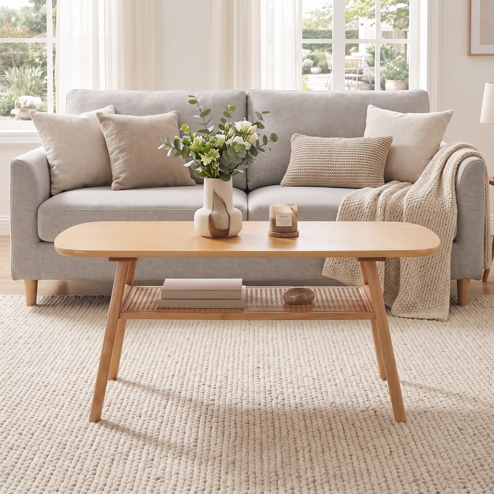 Furnibear 2 Tier Boho Rattan Coffee Table with Rounded Corners Rubber Wood Frame and Woven Open Shelf for Living Room, Natural