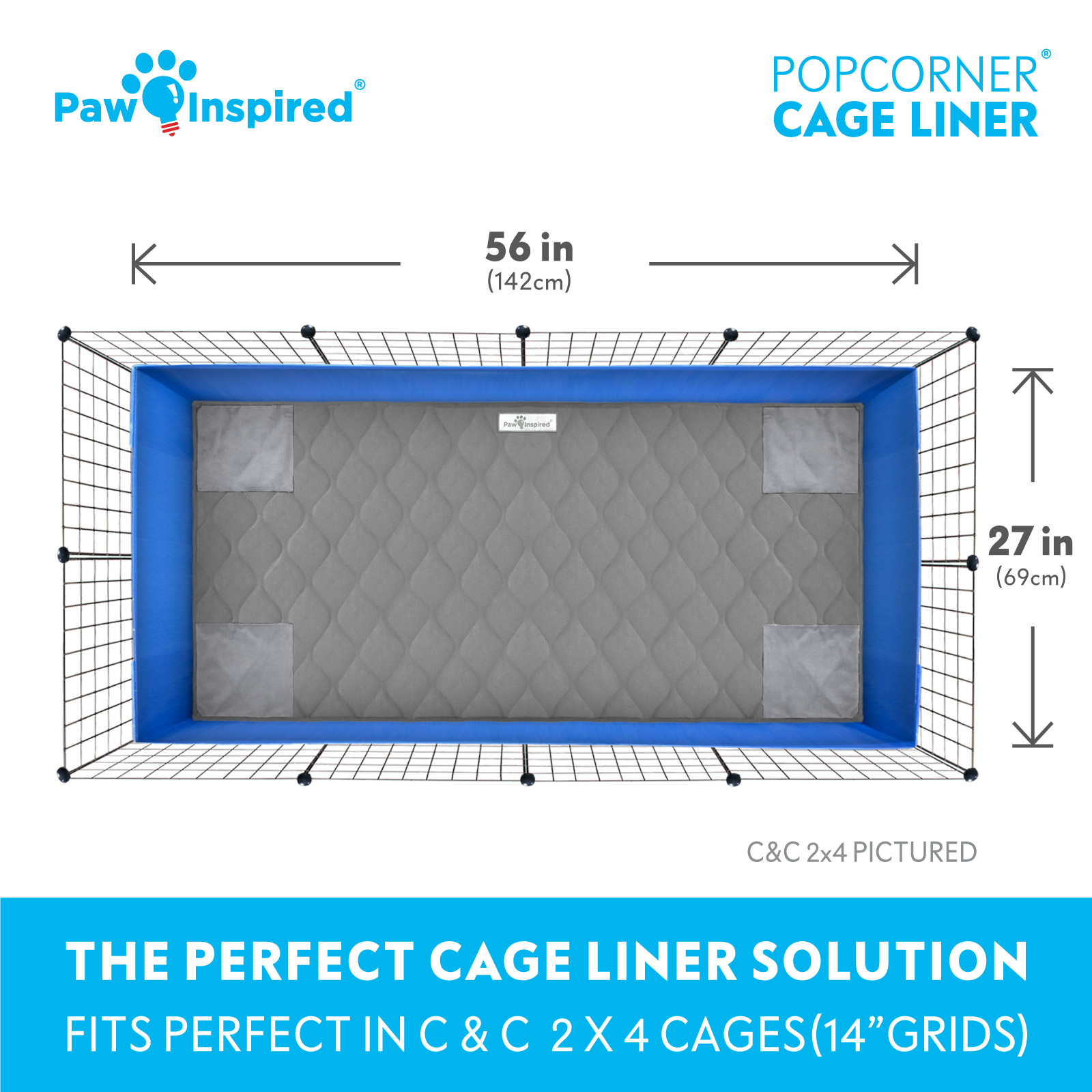 Paw Inspired PopCorner Guinea Pig Fleece Cage Liners for Midwest and C&C | Fleece Bedding for Guinea Pigs, Ferrets, Rabbits, Hamsters, Small Animals | Reinforced Corners Pee Pads (C&C 2x4, Gray)