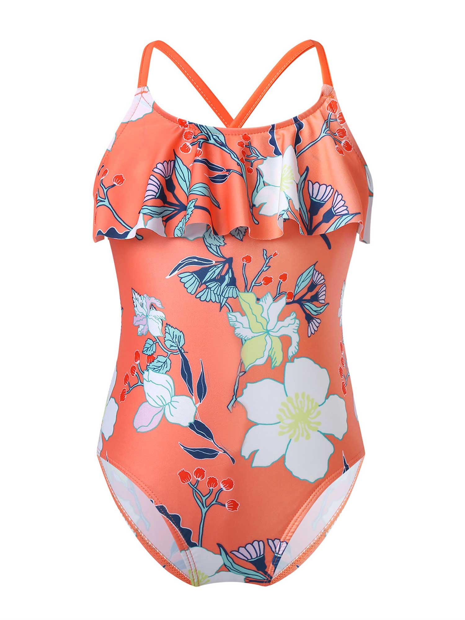 YEAHDOR Girls Ruffled Neck One Piece Swimsuit Floral Print Bodysuit