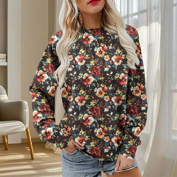 Womens Sweatshirts Plus Size Floral Print Long Sleeve Round Neck Casual Loose Sweatshirt,Tops for Women