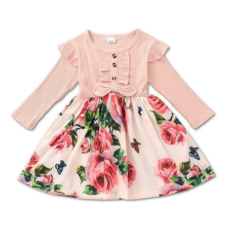 

DNDKILG Baby Toddler Girls Long Sleeve Dress Floral Dresses Spring Sundress Pink 18M-6Y 90
