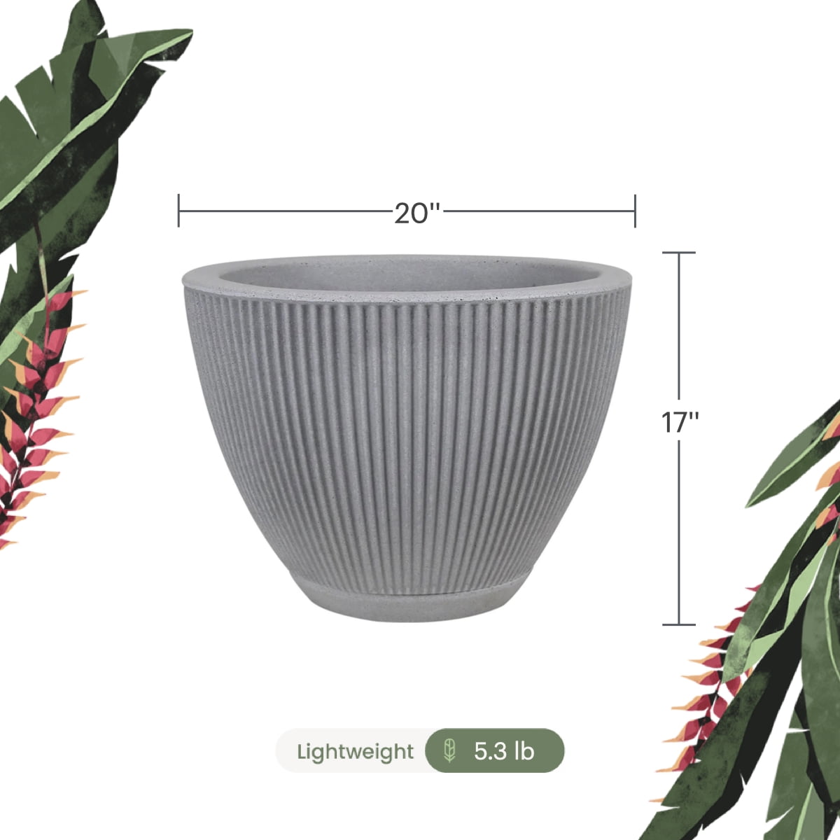 20" Wide Planter | Eco-Friendly Round Planter for Indoor or Outdoor Deck/Porch | Durable All-Weather Use Modern Pot for Trees, Flowers, Plants - Gray Cement