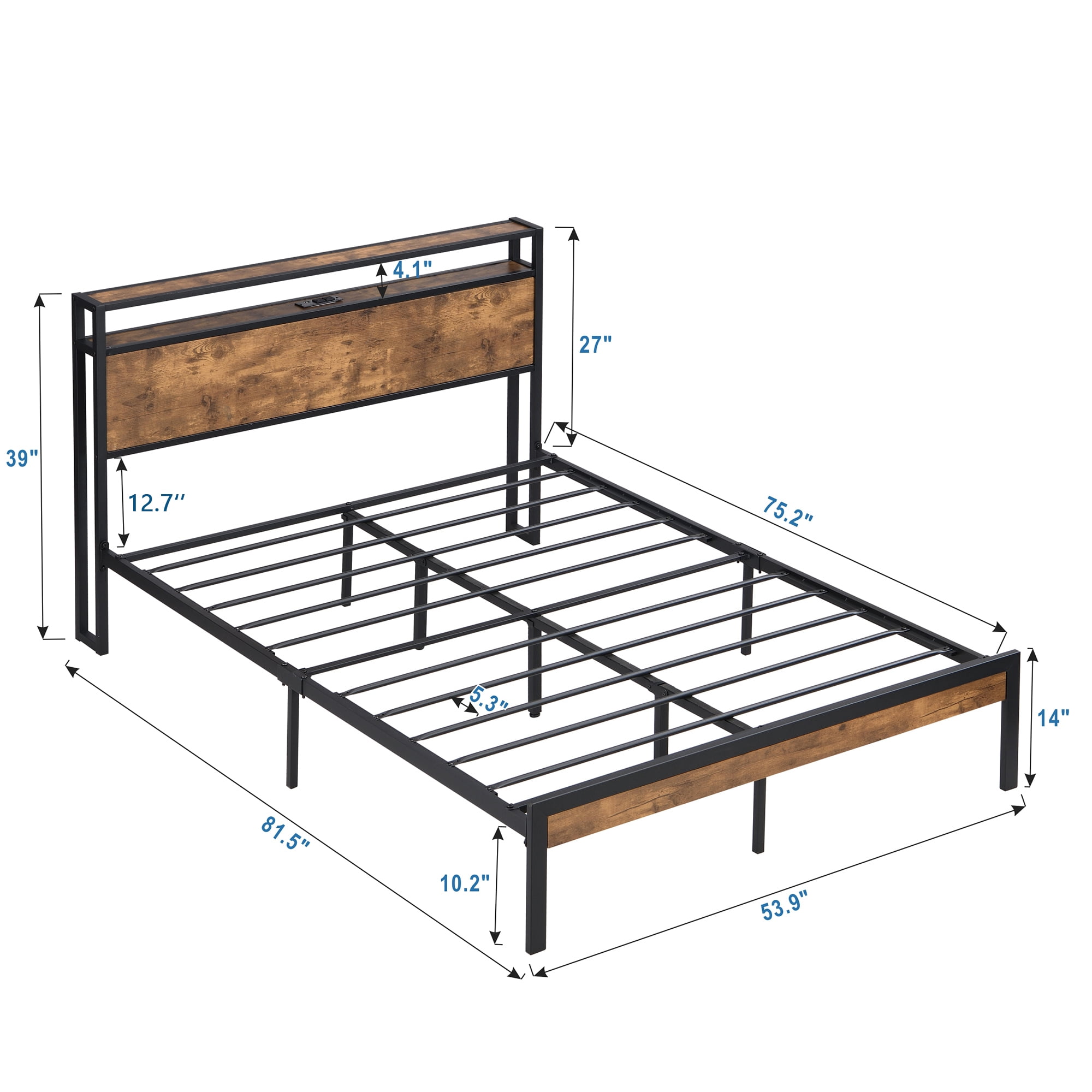 Leumius Full Size Bed Frame with USB,Metal Platform Bed Frame with Wooden Headboard and Footboard,No Box Spring Needed,Large Under Bed Storage,Easy Assemble,Black