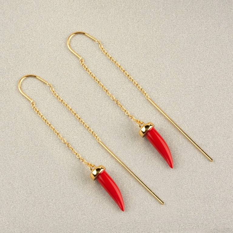18K Gold Plated Sterling Silver Artificial Red Coral Tooth Threader Earrings