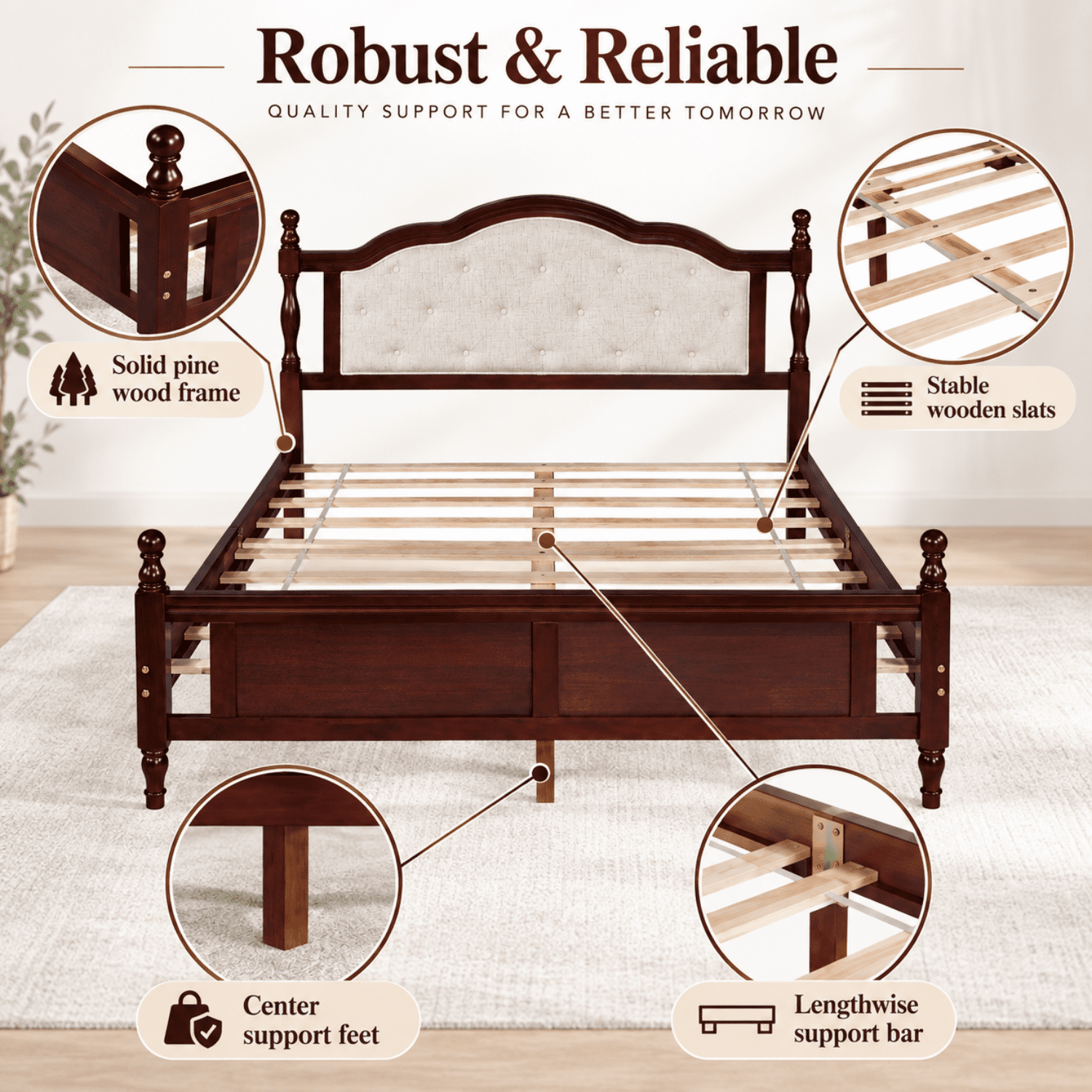 Miniyam Wood Queen Size Bed with Tufted Upholstered Headboard for Adult, Cherry