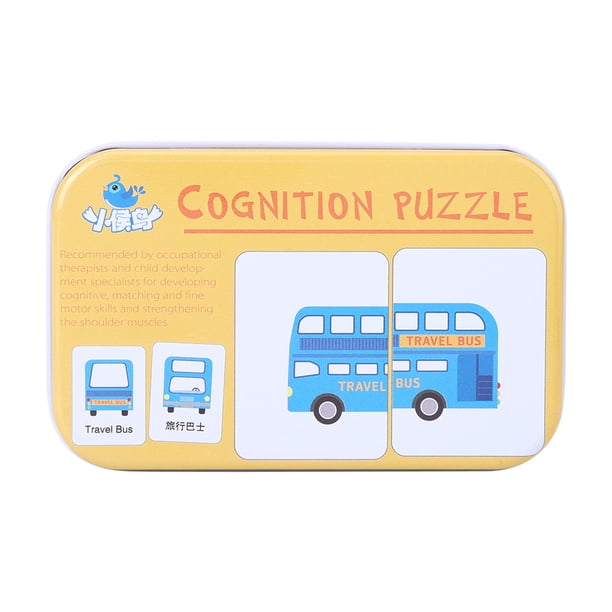 Vehículo/Animal/Frutas/Productos Vivos Formación de Aprendizaje Tarjetas de Memoria Bebé Early Educational Anti-Tear Matching Puzzle Tarjetas Cognitivas con Caja de Almacenamiento de Hierro(Vehículo) Ecomeon no