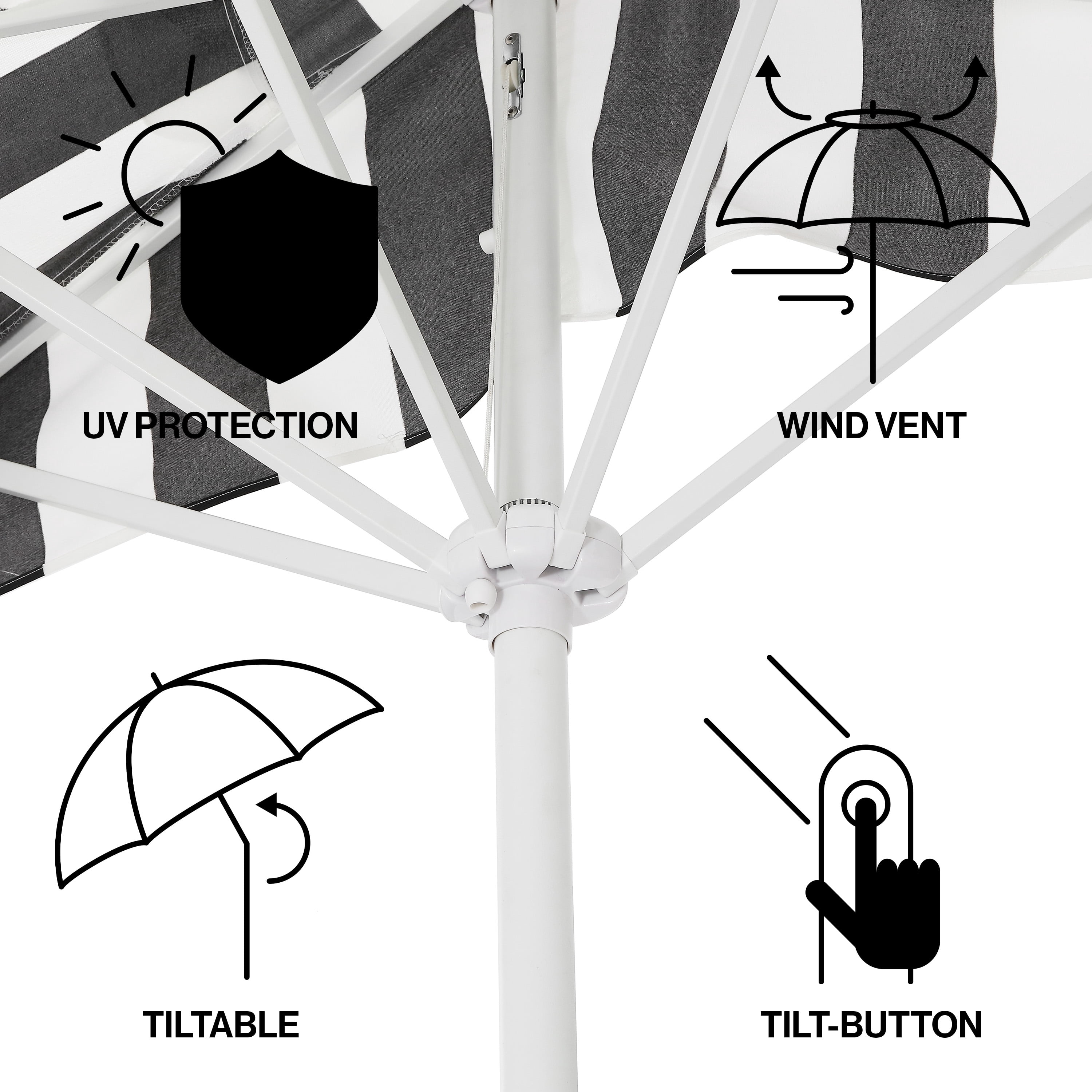 JONATHAN Y Beverly 9 ft. Half Market Patio Umbrella, Designer Classic Scalloped Fringe with Crank, Tilt Button and UV Protection, Black/White, White Pole