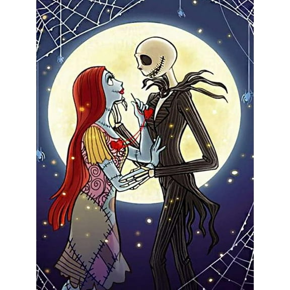 Jack Sally The Nightmare Before Christmas Skull DIY 5D Diamond Digital Painting Kit Crystal Rhinestone Embroidery Cross-stitch artwork Crafts Canvas wall decoration Birthday gift 12 X 16 inches