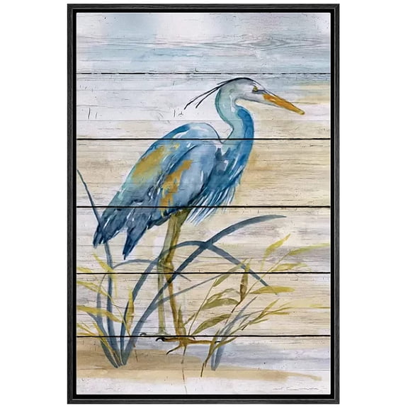 wall26 Framed Canvas Print Wall Art Retro Wood Panel Blue Beach Crane Bird Nature Wilderness Illustrations Modern Art Decorative Rustic Relax/Calm for Living Room, Bedroom, Office - 24"x36"