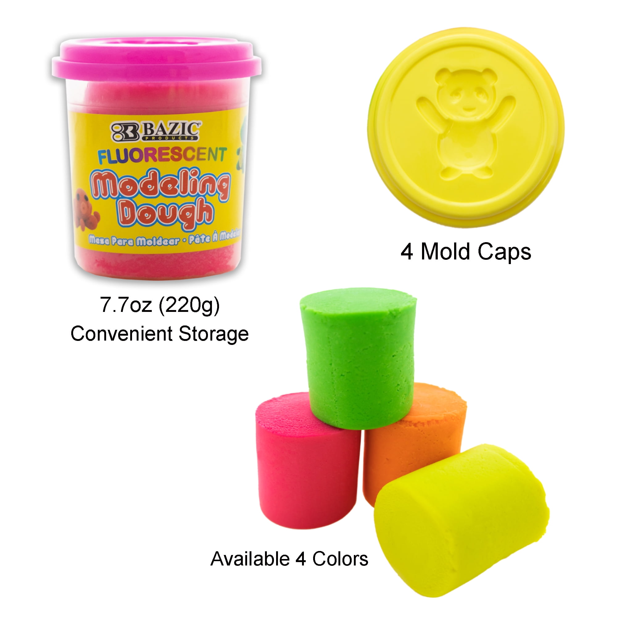 BAZIC Modeling Dough 7.76 Oz, 4 Fluorescent Colors, Non Toxic w/ Mold Caps, 24-Pack