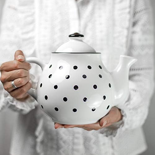 Ceramic 60 oz Teapot, Large Tea Pot for Bloomig and Loose Tea Leaf, Handcrafted Premium Teaware, White & Black Blue Polka Dot Tea Pot for (6-8 Cups) Serving Tea, Teapot for Tea Lovers