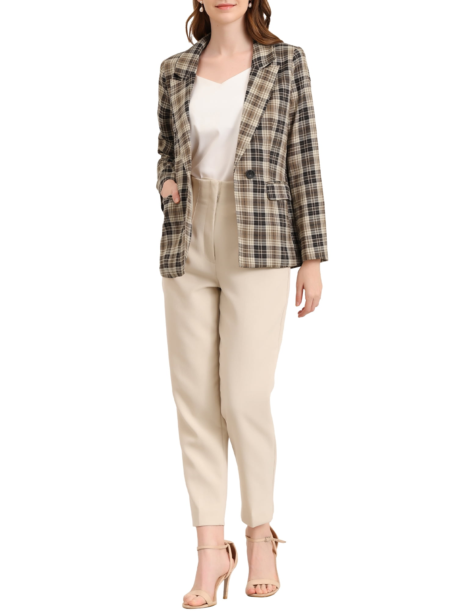 DARING DIVA Women's Boyfriend Notched Lapel One Button Blazer Suit Plaid Blazer Jacket M Brown Black