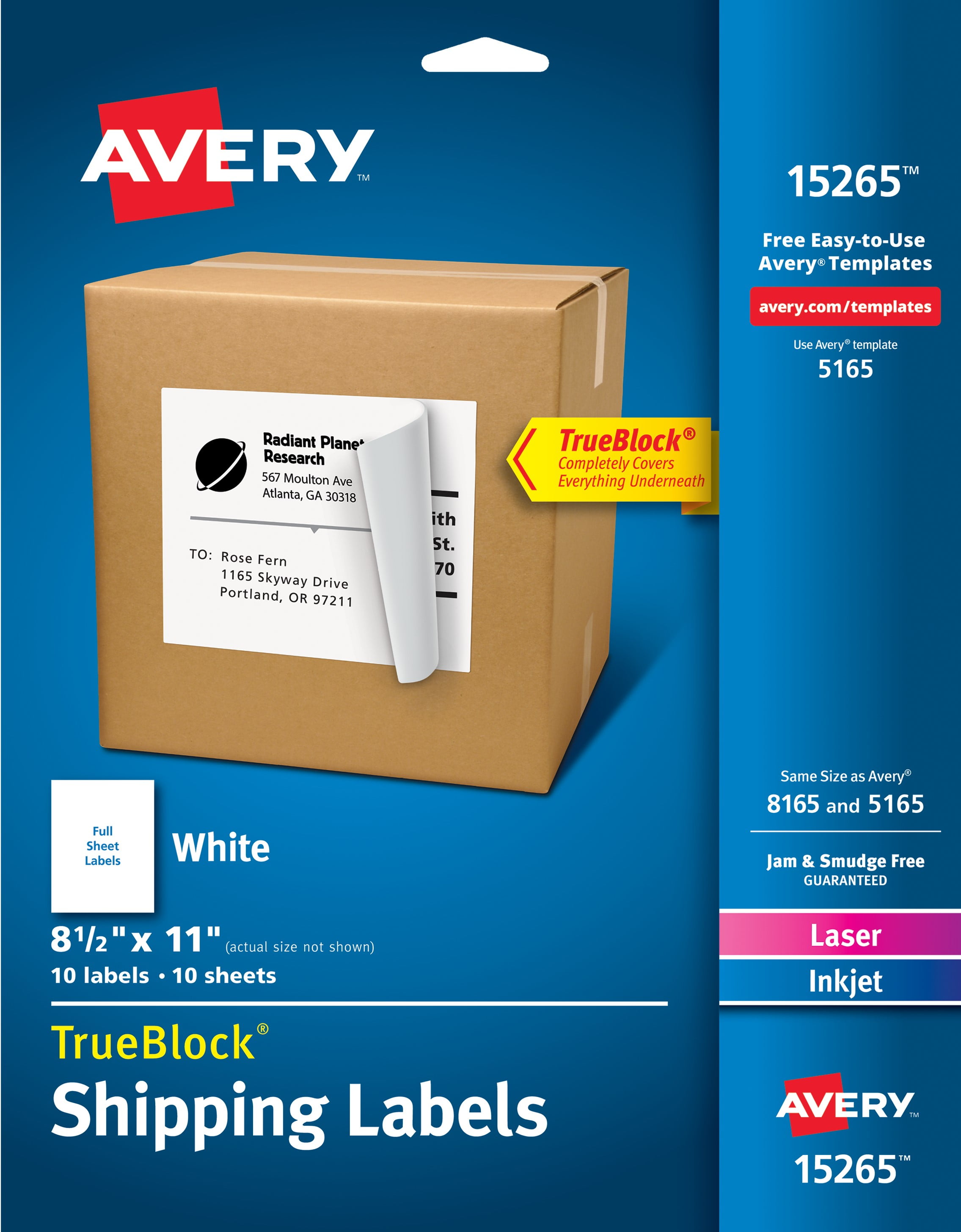 White Laser Avery PRES-a-ply 8 1/2" x 11" 1 Label/Sheet 100 Sheets/Box 