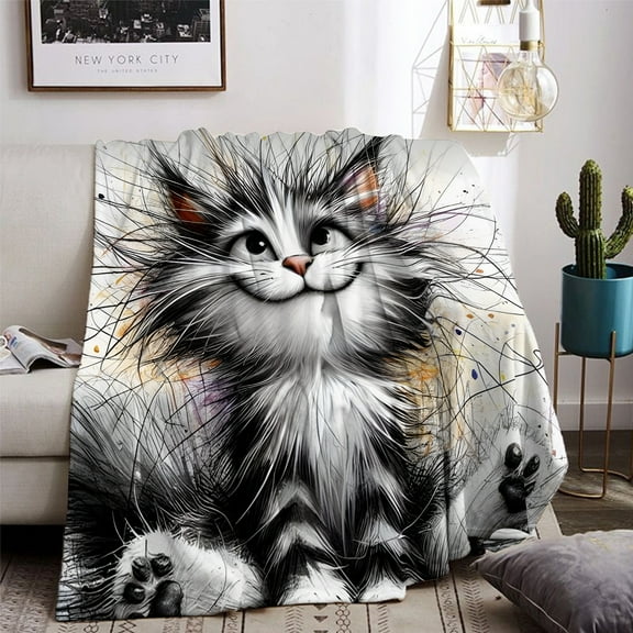 1pc Whimsy Feline Flannel Fleece Throw Blanket - Contemporary Digital Print, All-Season Versatile Knitted Polyester, Soft Cozy Nap & Sofa Blanket, Ideal Gift for Family and Friends