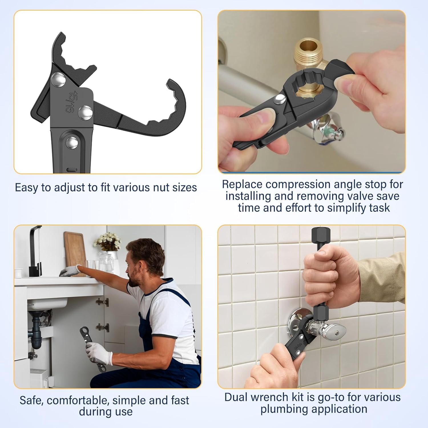 Plumbing Tools Angle Stop Wrench Kit Angle-On Adjustable Wrench for Professional Plumbers Black