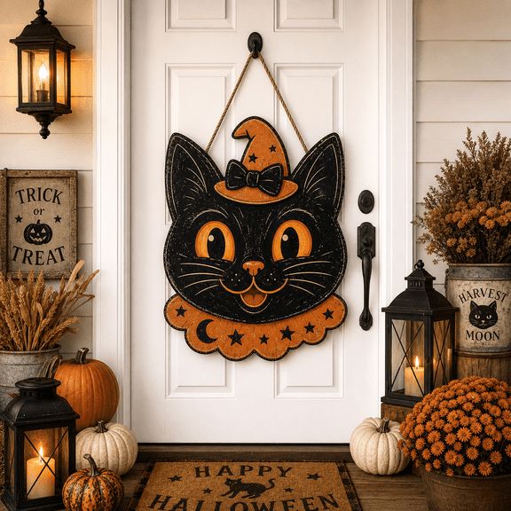 Vintage Halloween Cat Wooden Door Hanger for Fall Entryway Decor