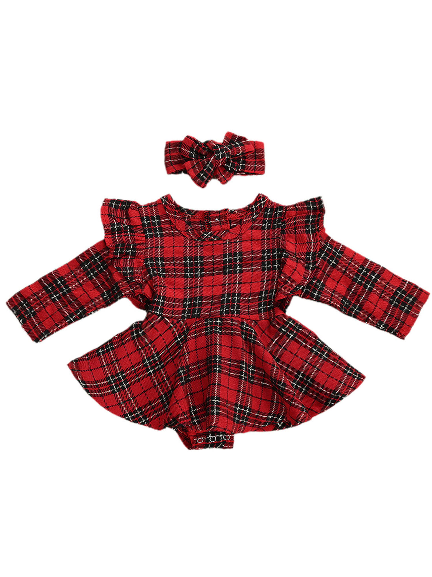 Kid Baby Girls Plaid Christmas Romper Jumpsuit Outfit Cotton Skirt Bodysuit Sets 