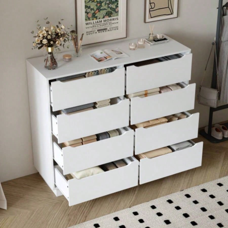 White Dresser for Bedroom, Long Dresser with 8 Drawers