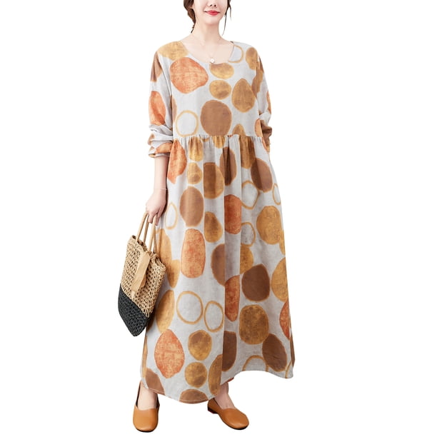 Vestido suelto de mujer Vintage estampado con bolsillo manga larga cuello redondo Casual vestido MABOTO Vestido