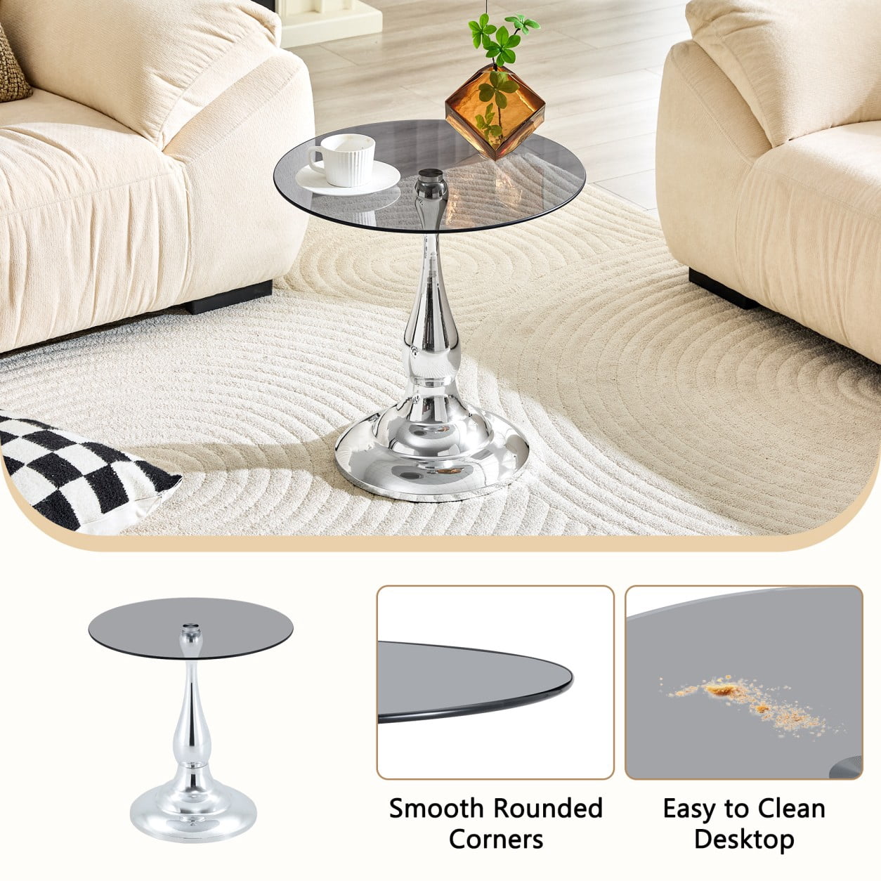 19.6" Round Side Table, Gray Tempered Glass Top with Silver Metal Base, Modern End Table, Nightstand, Sofa Table for Living Room Bedroom