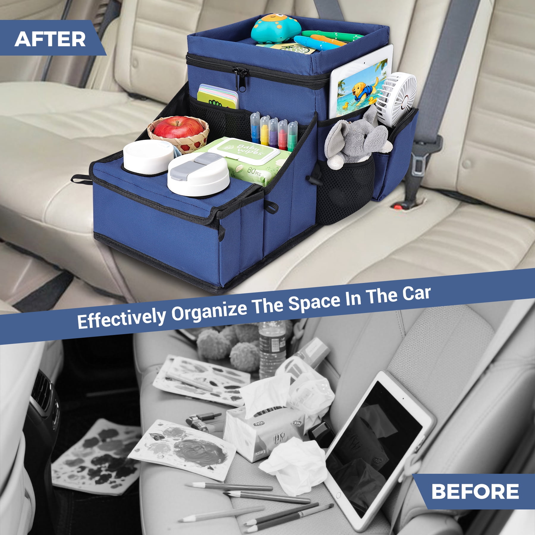 INFANZIA Car Seat Organizer, Backseat Van Organizer with Cup Holders for Car Front Passenger and Back Seat, Carseat Storages with Cooler Compartment for Kids and Adults for Toy, Snacks , Dark blue