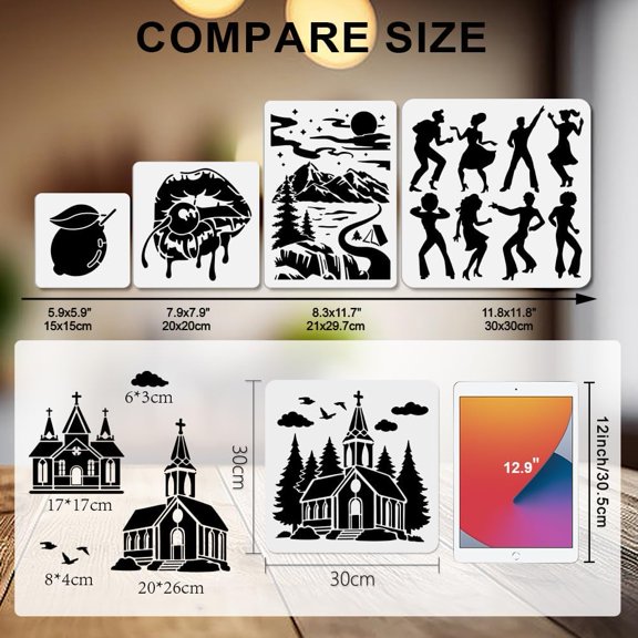 2 PCS Church Stencils Reusable Christian Tree Painting Stencils Pine Clouds Birds Drawing Templates with Paint Brush for Wood Furniture Wall Canvas DIY Scrapbook Album