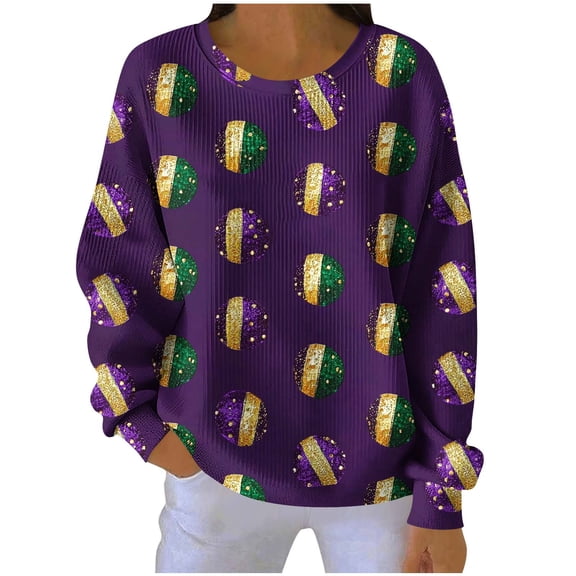 TKLPEHG Mardi Gras Sweatshirts for Women Purple Long Sleeve Crewneck Sweatshirts Dressy Casual Festival Print Graphic Pullover Holiday Tops (Z01_Purple,XXL)