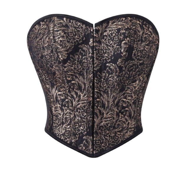 AUNVITO Women's Black Gold Print Bustier V Neck Strapless Boned Push Up Waist Cinching Corset Top Vintage and Stylish Style