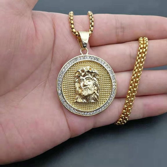 Fashion LuxuryRound face Jesus 14K Yellow Gold Pendant Necklace Men's Cross Jesus Necklace Religious Jewelry Amulet Gift