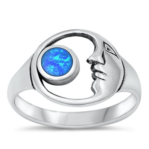 CHOOSE YOUR COLOR Moon Face Blue Simulated Opal Ring .925 Sterling Silver Band CZ Female Size 9