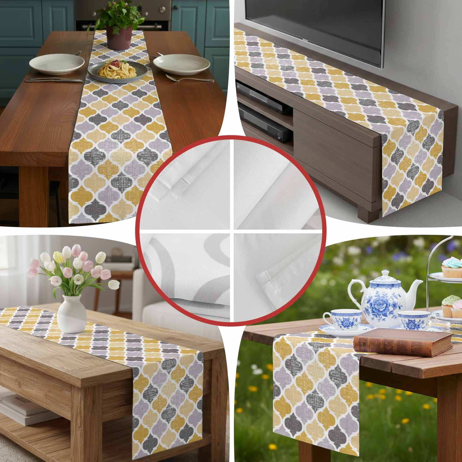 Yellow Grey Retro Moroccan Pattern Table Runner 90 Inches Long, Abstract Geometric Art Table Runners Tabletop Scarf Kitchen Dining Tables Decoration for Home Party Indoor Outdoor