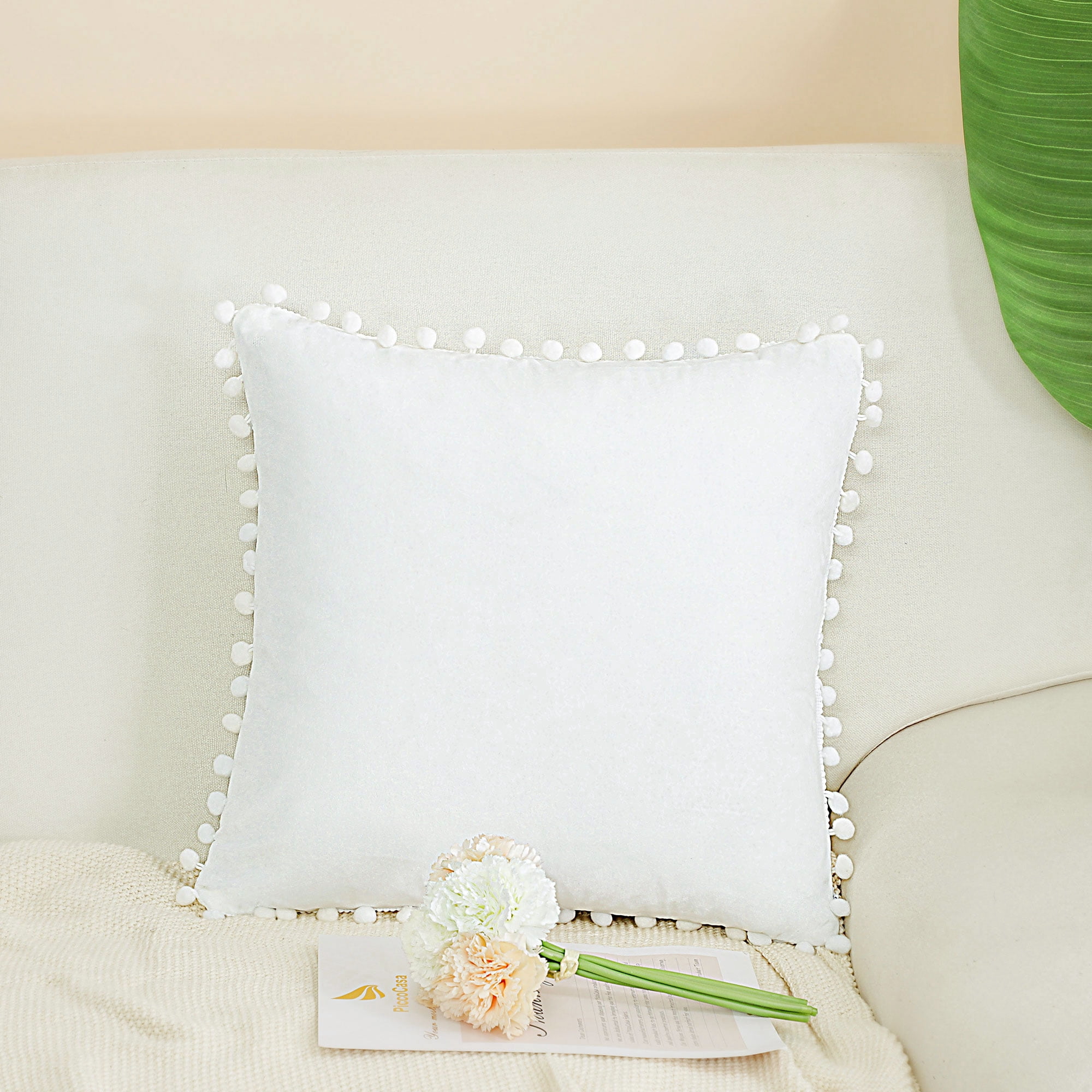 Unique Bargains Velvet Pillow Cover with Pompoms for Sofa 1PCS Snow White 18x18Inch