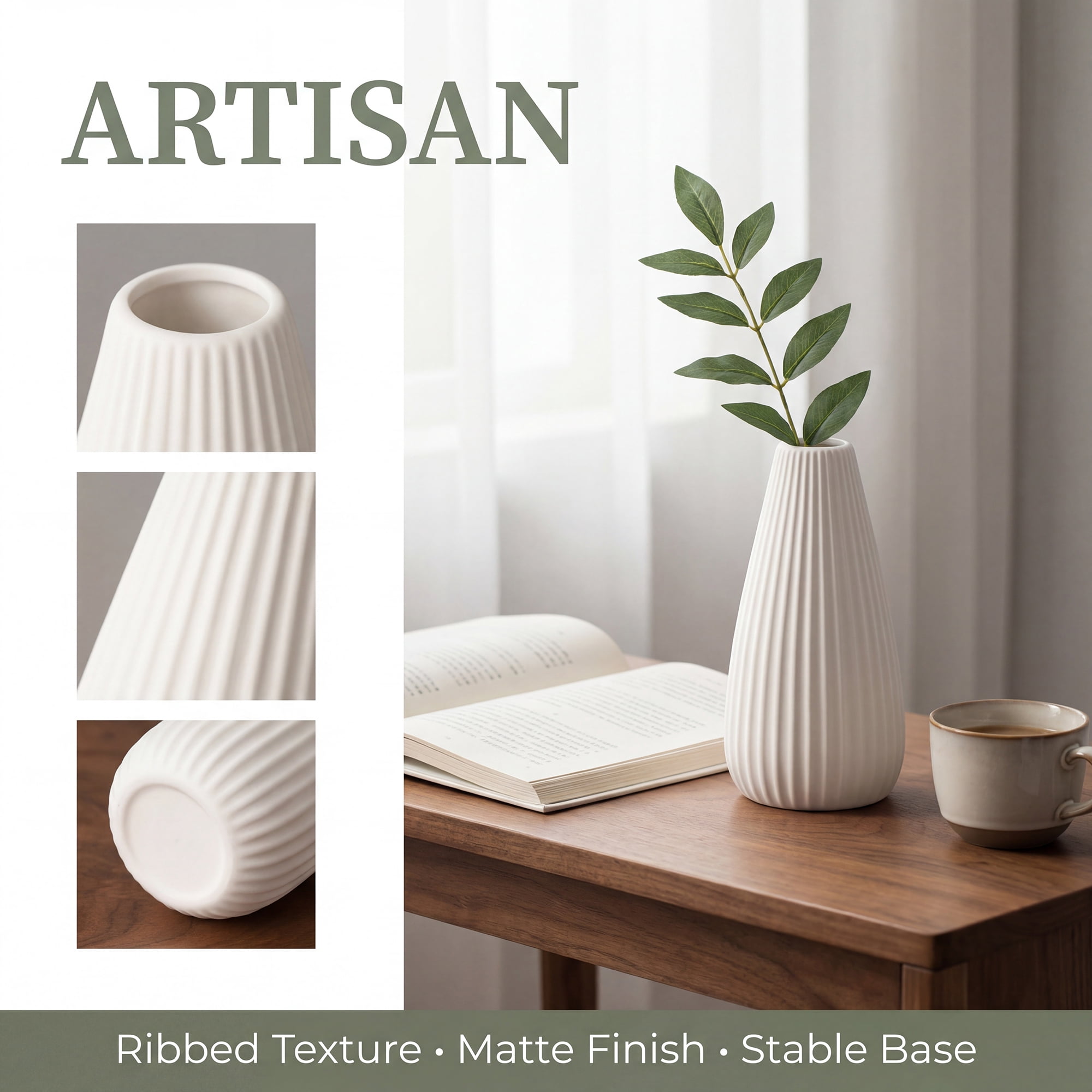 Unique Bargains Modern Ceramic Matte Ribbed Flower Vase White 3.0" x 3.0" x 5.9"