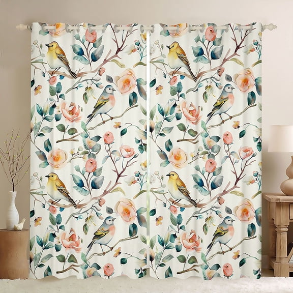 Homewish Animal Birds Black Out Curtains for Teens,Spring Garden Curtains Pack of 2 (42x63 Each),Chic Flowers Bedroom Curtains,Luxury Bedroom Decor