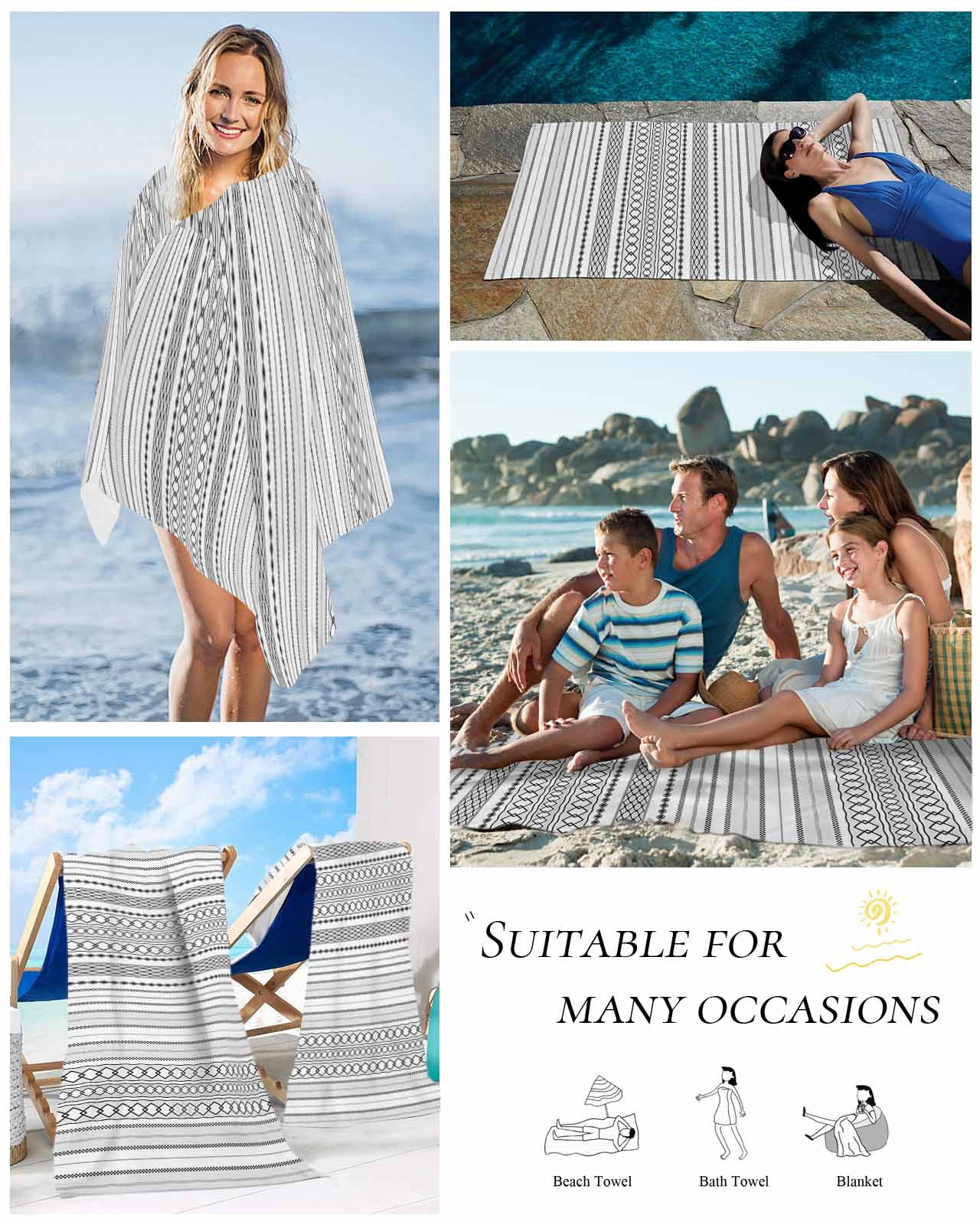 Black White Striped Beach Towels Oversized Super Absorbent, Modern Farmhouse Geometric Lightweight Bath Towel Quick Dry Sets For Bathroom/Pool/Rv Camping/Beach Play/Gym Room/Picnic 31"x62"