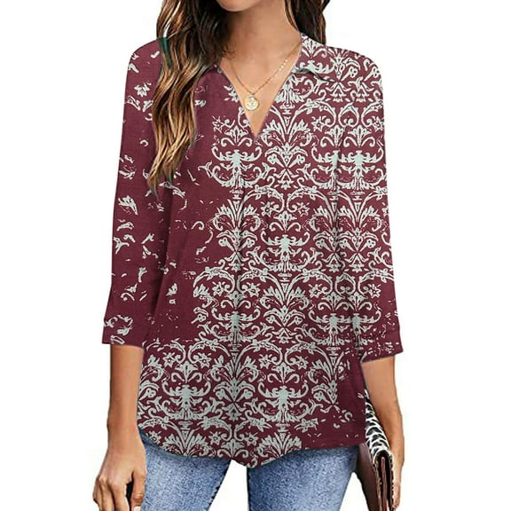 Samickarr 3/4 Length Sleeve Shirts Womens Tops Collared V Neck Casual Plus Size Tunic Tops To Wear With Leggings Loose Shirt Work Business Blouses For Women