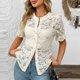 thumbnail image 5 of Karight Lace Blouses for Women Sheer Lace Short Sleeve Top Crew Neck Button Down Shirts Casual Puff Sleeve Dressy Shirt, 5 of 9