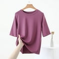 thumbnail image 4 of perfectbot Womens Tops Summer Solid Color Crew Neck Relaxed Fit Elbow-Length Soft Blouses Shirts Going Out Trendy M-XXL, 4 of 5