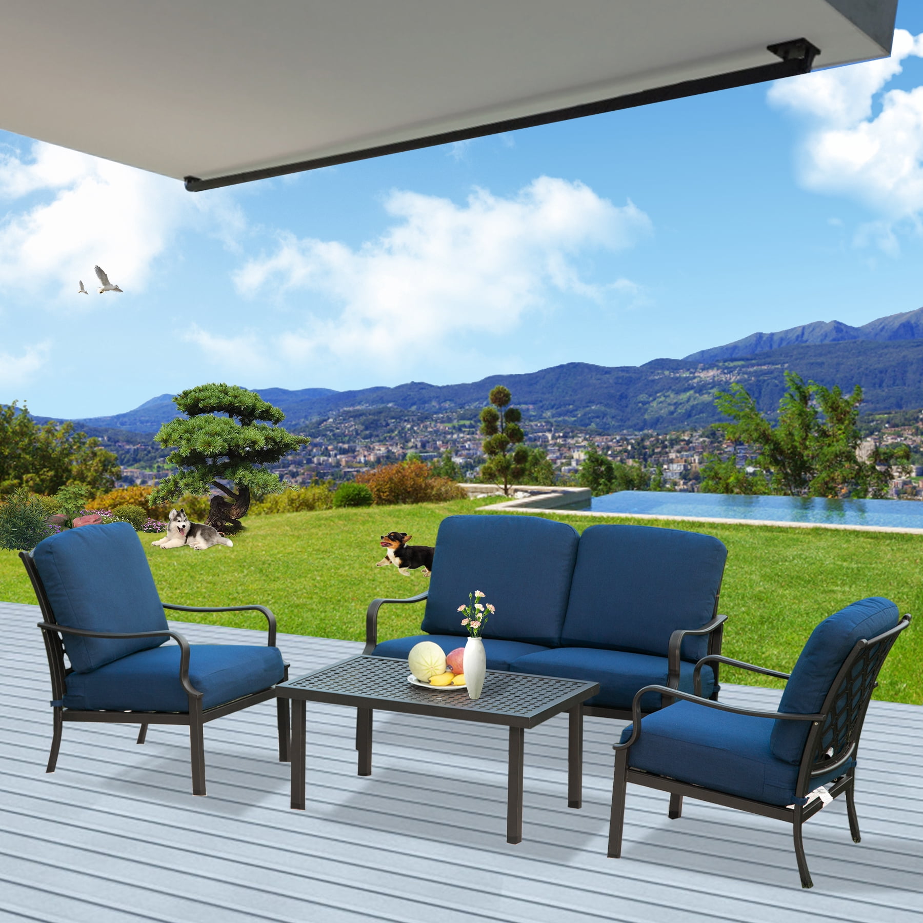 Domi Patio Conversation Set of 4, Cushioned Outdoor Furniture Sets with All Weather Galvanized Steel Frame (Spring Coil Seat Cushion) -Blue
