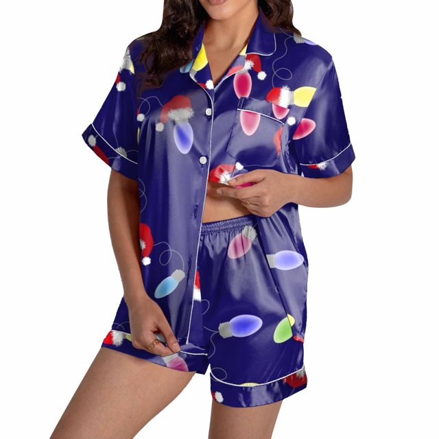 Christmas Pajamas For Women Snowflake Printed Silk Satin Short Sleeve Button Sleepwear Set 2Pc Pjs Set