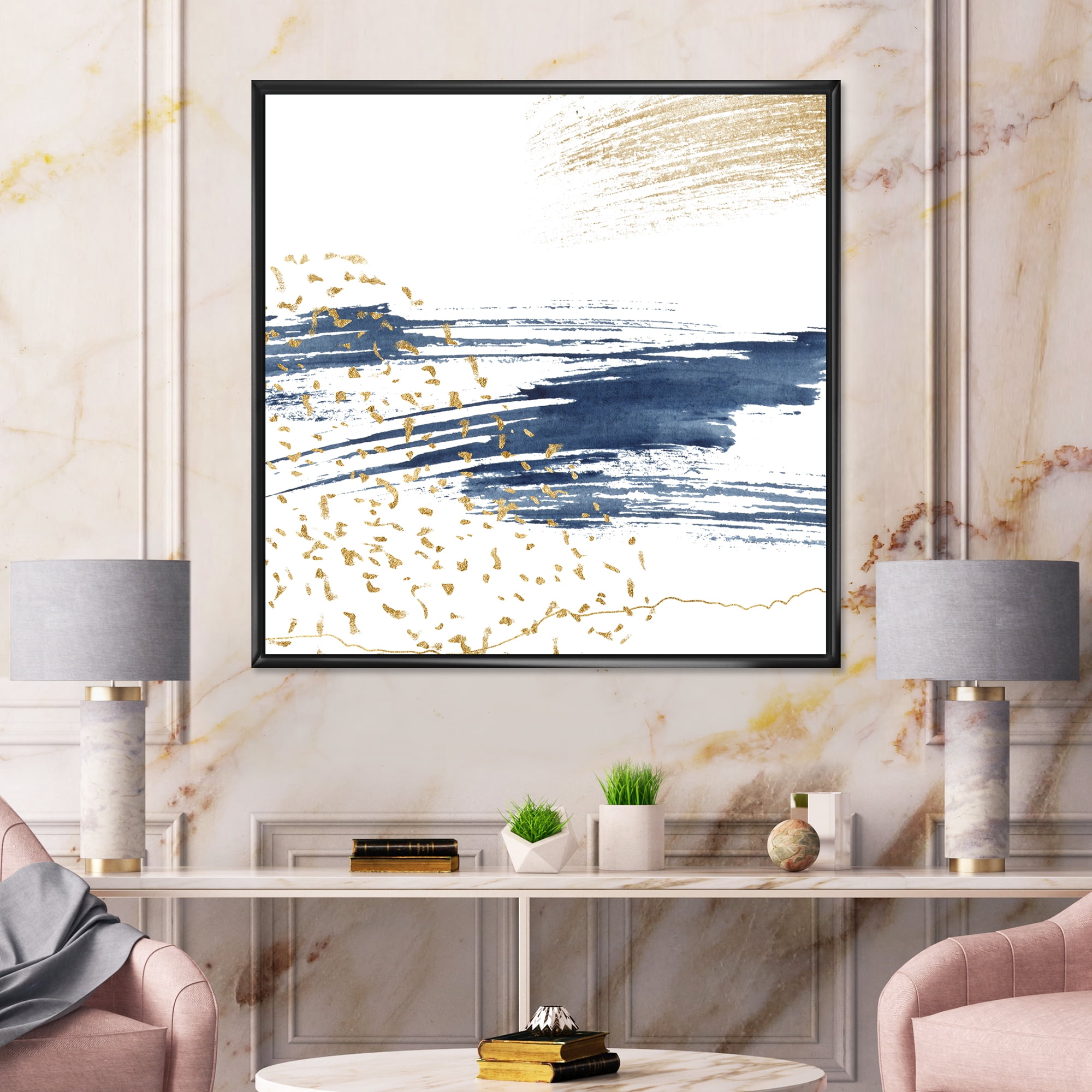 Designart 'Gold and Dark Blue and Abstract I' Modern Framed Canvas Wall Art Print