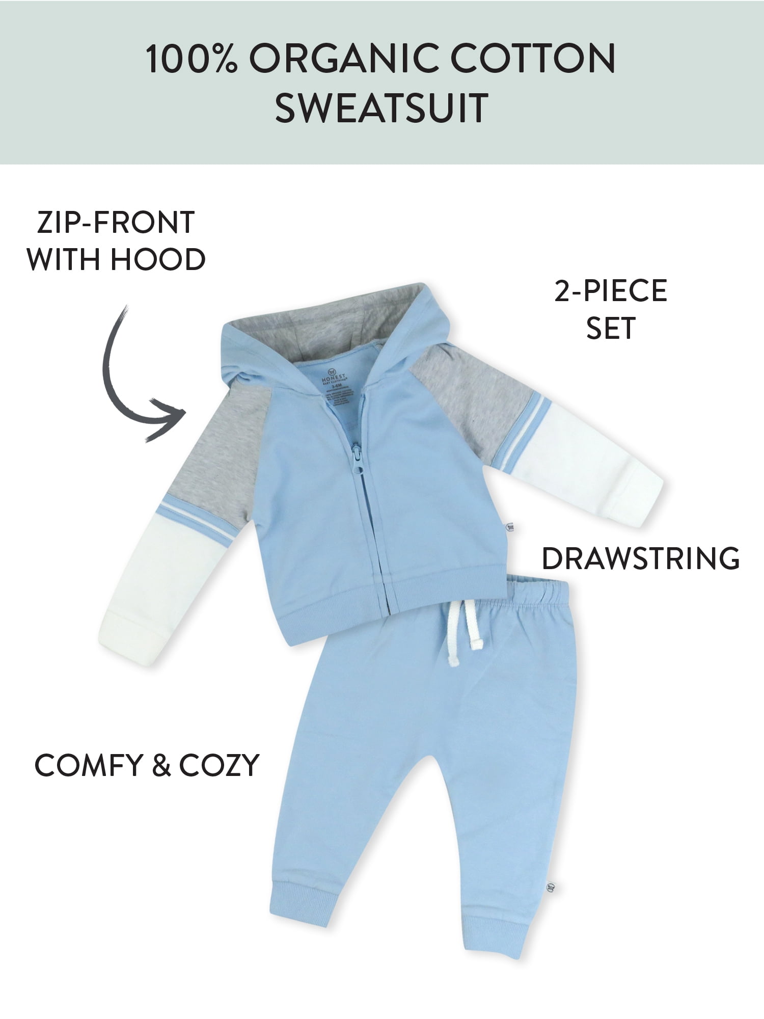 Honest Baby Clothing Organic Cotton Boy or Girl 2 Piece Zip Front Hoodie and Sweatpant Set, Newborn to 24 Months