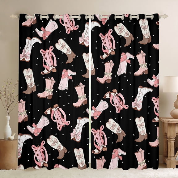 Feelyou Pink Bowknot Boot Black Out Curtains for Kids, Western Cowgirl Cowboy Curtains Pack of 2 (42x63 Each), Cartoon Stars Print Bedroom Curtains, Black Out Curtains Decor